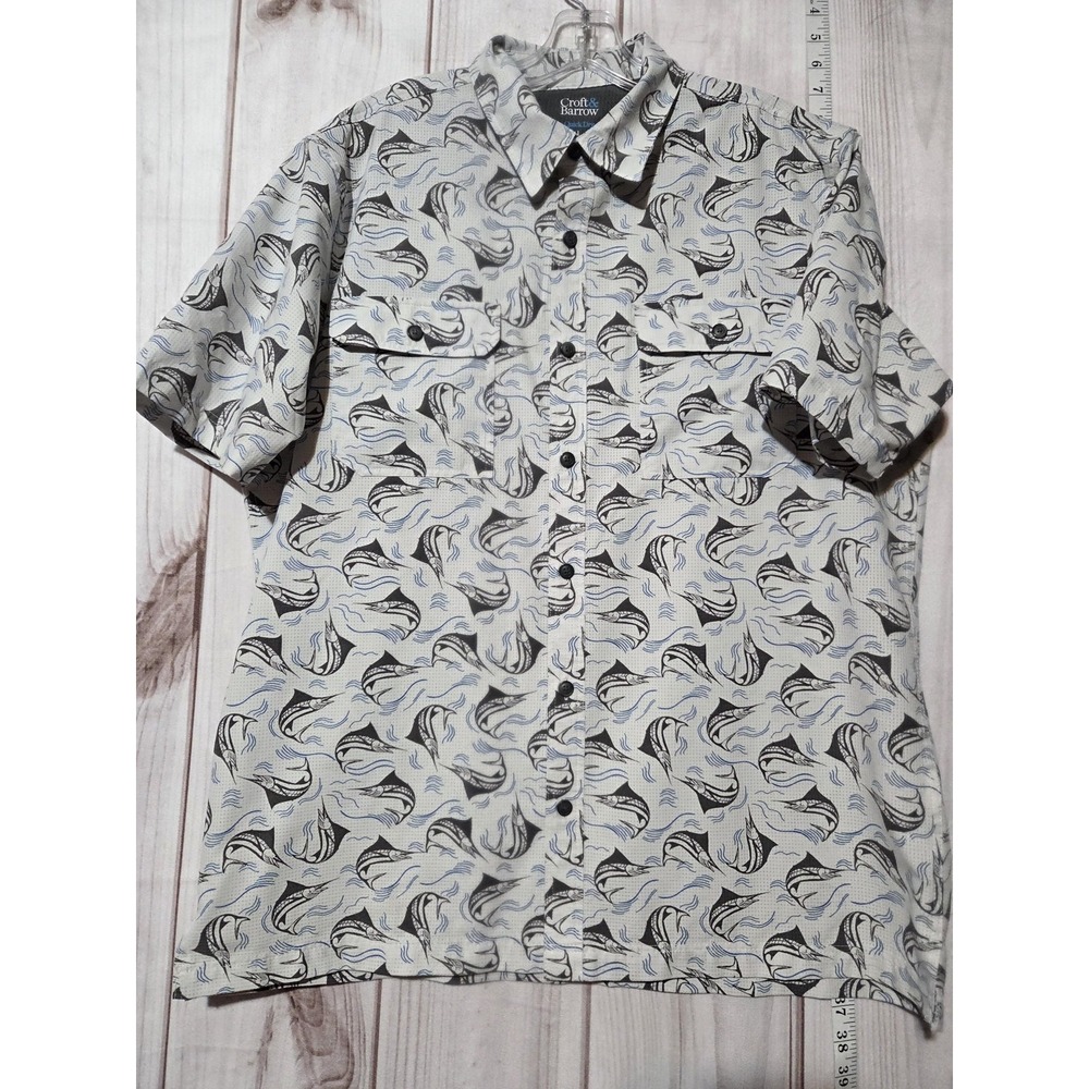 Croft & Barrow Shirt Mens Large Quick Dry Fish Print Short Sleeve Vented Fishing